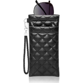Double Eyeglass Case Squeeze Top Glasses Pouch, Leather Soft Sunglasses Case with Carrying Strap
