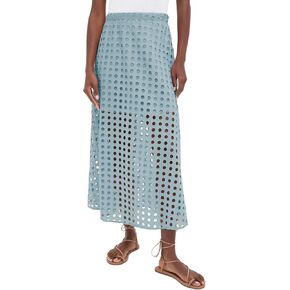Womens Casual Cotton Long Eyelet Maxi Skirt A-line Hollow Out High Waist Summer Beach Skirt with Mini Underneath Blue