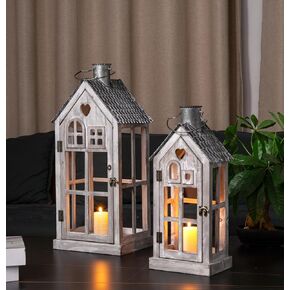Large Farmhouse Wooden Metal Candle Lantern Set of 2, Rustic Decorative Floor Lanterns, Indoor/Outdoor Village Houses Lantern for Home Decor (No Glass)