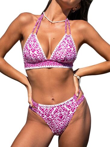 CUPSHE Women's Bikini Sets Two Piece Swimsuit Halter V Neck Back Hook Cutout Stitching Cheeky Bottom in Saudi Arabia