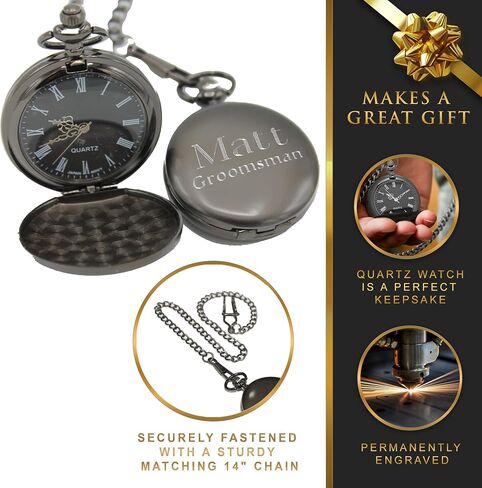 Custom Personalized Black Matte Pocket Watch with Chain - Customized with Your Text in Kuwait