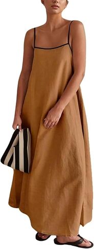 yoeasy Women's Spaghetti Strap Contrast Trim Maxi Dress Sleeveless Adjustable Backless Beach Loose Long Dress in Saudi Arabia