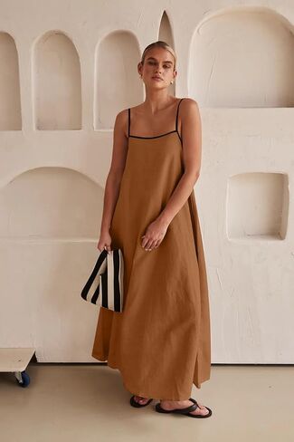 yoeasy Women's Spaghetti Strap Contrast Trim Maxi Dress Sleeveless Adjustable Backless Beach Loose Long Dress in Saudi Arabia