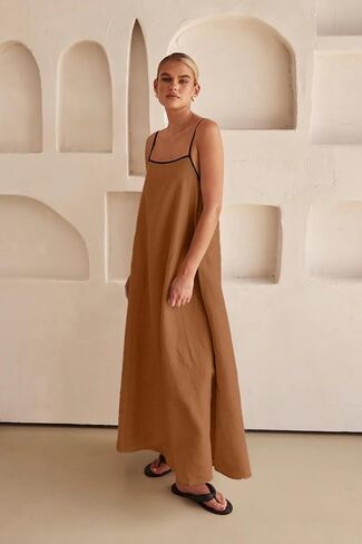 yoeasy Women's Spaghetti Strap Contrast Trim Maxi Dress Sleeveless Adjustable Backless Beach Loose Long Dress in Saudi Arabia