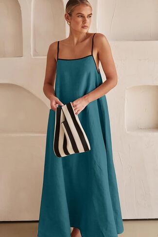 yoeasy Women's Spaghetti Strap Contrast Trim Maxi Dress Sleeveless Adjustable Backless Beach Loose Long Dress in Saudi Arabia
