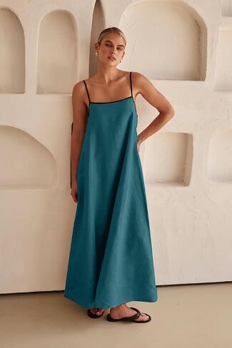 yoeasy Women's Spaghetti Strap Contrast Trim Maxi Dress Sleeveless Adjustable Backless Beach Loose Long Dress in Saudi Arabia