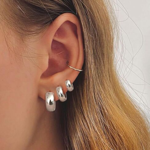 Small Chunky Gold Hoop Earrings for Women Trendy - 14k Gold Plated Earrings Set Hypoallergenic Earrings for Sensitive Ears Thick Hoops Huggie Earring Stacks Dainty Silver Jewelry in Saudi Arabia