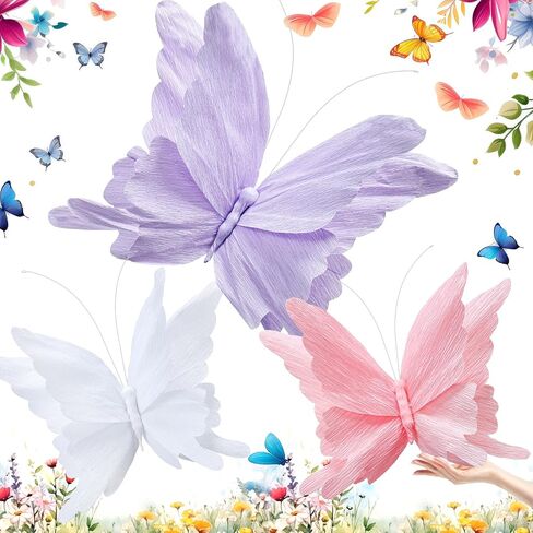 Honoson 3pcs Large Butterfly Party Decorations Hanging 3D Crepe Paper Butterfly Decoration Purple Pink White Giant Supply for Party Birthday Baby Shower Wedding Garden Wall(11inch，20 Inch) in Saudi Arabia