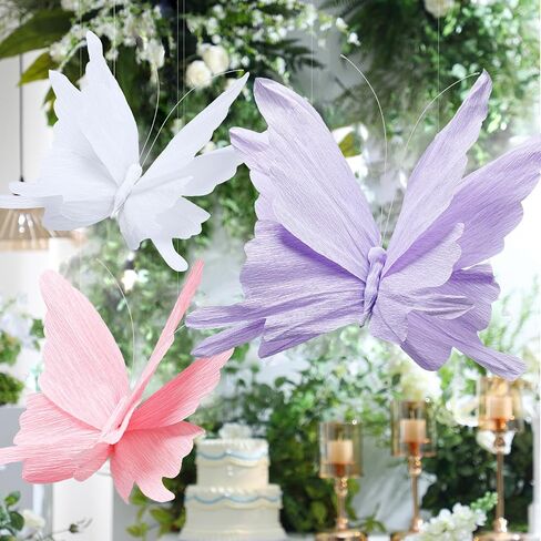 Honoson 3pcs Large Butterfly Party Decorations Hanging 3D Crepe Paper Butterfly Decoration Purple Pink White Giant Supply for Party Birthday Baby Shower Wedding Garden Wall(11inch，20 Inch) in Saudi Arabia