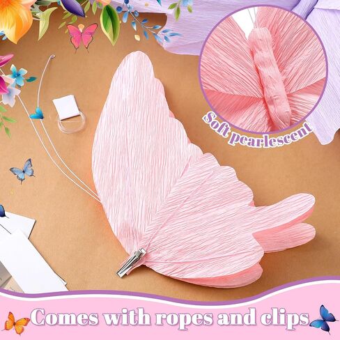 Honoson 3pcs Large Butterfly Party Decorations Hanging 3D Crepe Paper Butterfly Decoration Purple Pink White Giant Supply for Party Birthday Baby Shower Wedding Garden Wall(11inch，20 Inch) in Saudi Arabia