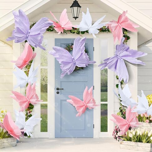 Honoson 3pcs Large Butterfly Party Decorations Hanging 3D Crepe Paper Butterfly Decoration Purple Pink White Giant Supply for Party Birthday Baby Shower Wedding Garden Wall(11inch，20 Inch) in Saudi Arabia