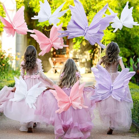 Honoson 3pcs Large Butterfly Party Decorations Hanging 3D Crepe Paper Butterfly Decoration Purple Pink White Giant Supply for Party Birthday Baby Shower Wedding Garden Wall(11inch，20 Inch) in Saudi Arabia