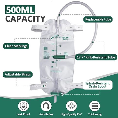 5 Pack 500ml Leg Bag with 18" Tubing – Portable & Wearable for Outdoor Activities, Travel, and On-The-Go – Leak-Proof with Adjustable Straps for Easy Drainage, Green in Kuwait