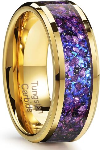 8mm Men's Gold Galaxy Ring, Tungsten Wedding Band with Purple Blue Opal and Chamfered Sparkling Finish - Comfortable Size 7-14, Comes in a Beautiful Gift Box in Saudi Arabia