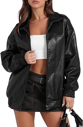 SOMTHRON Women's Oversized Leather Jackets Faux Casual Zip Up Fall Motorcycle Bomber Outfits Winter Fashion Clothes in Saudi Arabia