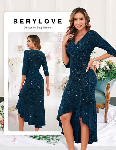 Berylove المرأة الرسمية زفاف الضيوف كوكتيل الترتر اللمعان اللامع 3/4 كم من الأكمام المسائية في حفل الحفلة حفلة موسيقية in Kuwait
