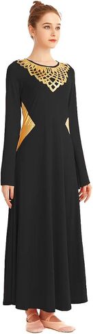 HIHCBF Women Metallic Liturgical Praise Dance Robe Lyrical Dress Bell Sleeve Flower Collar Color Block Worship Costume in Saudi Arabia