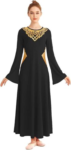 HIHCBF Women Metallic Liturgical Praise Dance Robe Lyrical Dress Bell Sleeve Flower Collar Color Block Worship Costume in Saudi Arabia