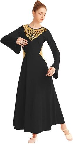HIHCBF Women Metallic Liturgical Praise Dance Robe Lyrical Dress Bell Sleeve Flower Collar Color Block Worship Costume in Saudi Arabia