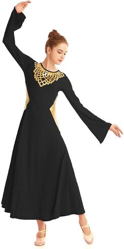 HIHCBF Women Metallic Liturgical Praise Dance Robe Lyrical Dress Bell Sleeve Flower Collar Color Block Worship Costume in Saudi Arabia