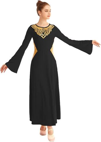 HIHCBF Women Metallic Liturgical Praise Dance Robe Lyrical Dress Bell Sleeve Flower Collar Color Block Worship Costume in Saudi Arabia
