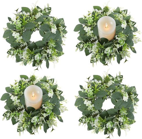 6PCS Artificial Eucalyptus Leaves Wreaths Candle Rings Wreaths Summer Greenery Garland Pillar Holder for Home Wedding Party Table Centerpiece Green in Kuwait