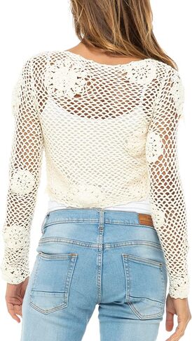 Back From Bali Womens 100% Cotton Crochet Tie-Front Artisan Shrug Sweater Cropped Lightweight Flower Knit Bolero in Saudi Arabia