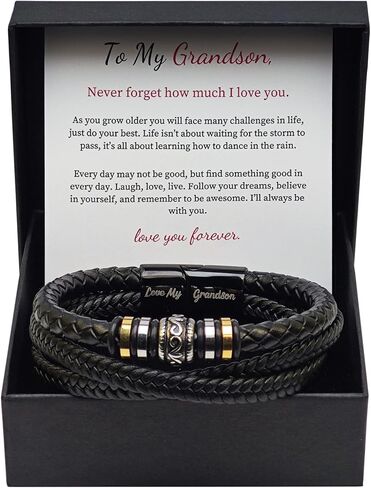 to My Son/Grandson Braided Leather Bracelet, I Will Always Be with You, Men's Double-Row Black Braided Leather Bracelet with Love My Grandson/Love You Forever (Love You Forever) in Saudi Arabia