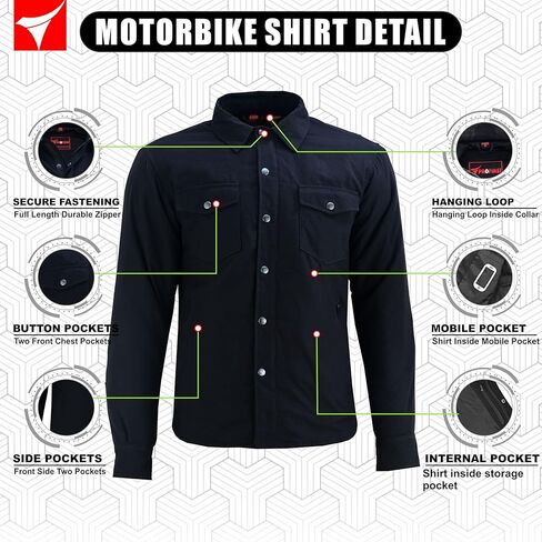 Men's Motorcycle Riding Flannel Shirt, Concealed Carry Jacket,CE Approved with Level 1 Protection Kevlar on Protected Areas in Saudi Arabia