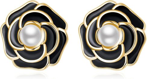 Reffeer Solid 925 Sterling Silver Flower Stud Earrings for Women Teens Black Flower Stud Earrings Pearls in Saudi Arabia