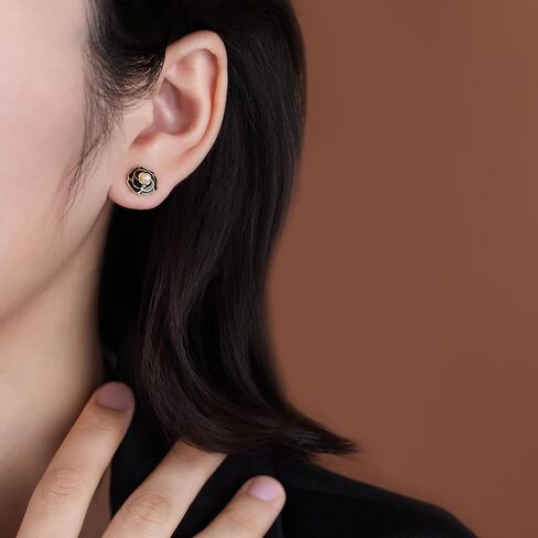 Reffeer Solid 925 Sterling Silver Flower Stud Earrings for Women Teens Black Flower Stud Earrings Pearls in Saudi Arabia