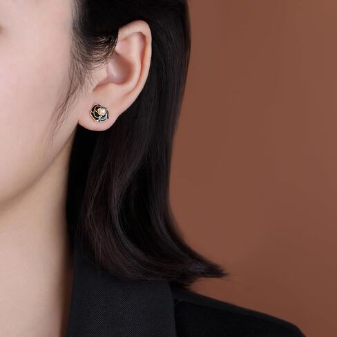 Reffeer Solid 925 Sterling Silver Flower Stud Earrings for Women Teens Black Flower Stud Earrings Pearls in Saudi Arabia