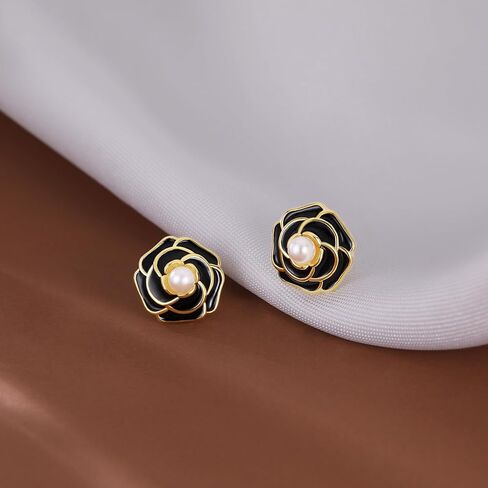 Reffeer Solid 925 Sterling Silver Flower Stud Earrings for Women Teens Black Flower Stud Earrings Pearls in Saudi Arabia