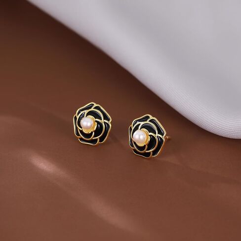 Reffeer Solid 925 Sterling Silver Flower Stud Earrings for Women Teens Black Flower Stud Earrings Pearls in Saudi Arabia