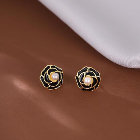Reffeer Solid 925 Sterling Silver Flower Stud Earrings for Women Teens Black Flower Stud Earrings Pearls in Saudi Arabia