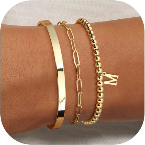 Initial Bracelet Set for Women,14K Gold Plated Stackable Beaded Non Tarnish Bracelet with Letter A-Z Available in Saudi Arabia