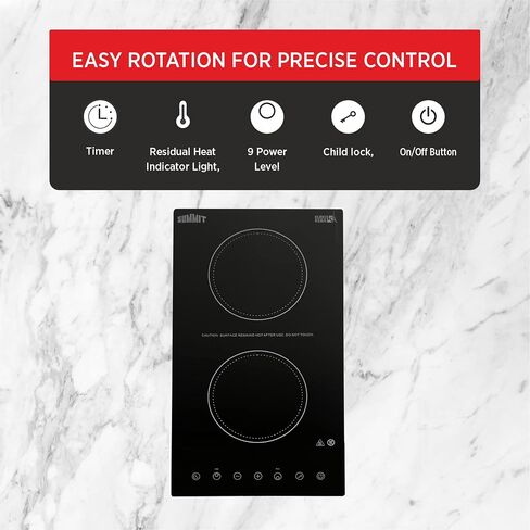 Summit Appliance CR2B15T1B 12" Wide 115V 2-Burner Radiant Cooktop in Black Ceramic Schott Glass Surface with Digital Touch Controls, 9 Power Levels, Designed for Built-in Installation in Saudi Arabia