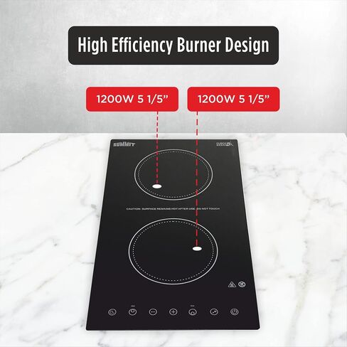 Summit Appliance CR2B15T1B 12" Wide 115V 2-Burner Radiant Cooktop in Black Ceramic Schott Glass Surface with Digital Touch Controls, 9 Power Levels, Designed for Built-in Installation in Saudi Arabia