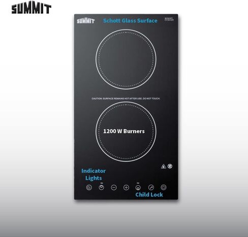 Summit Appliance CR2B15T1B 12" Wide 115V 2-Burner Radiant Cooktop in Black Ceramic Schott Glass Surface with Digital Touch Controls, 9 Power Levels, Designed for Built-in Installation in Saudi Arabia