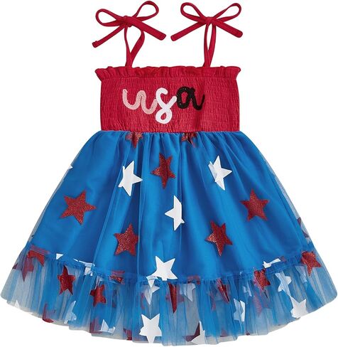 Kayotuas 4th of July Toddler Girl Outfit Smocked USA Dress Sleeveless Tie Strap Fouth of July Dresses Kids Patriotic Clothes in Saudi Arabia