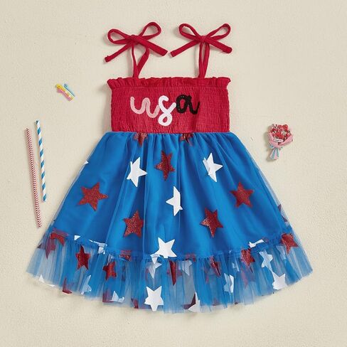 Kayotuas 4th of July Toddler Girl Outfit Smocked USA Dress Sleeveless Tie Strap Fouth of July Dresses Kids Patriotic Clothes in Saudi Arabia