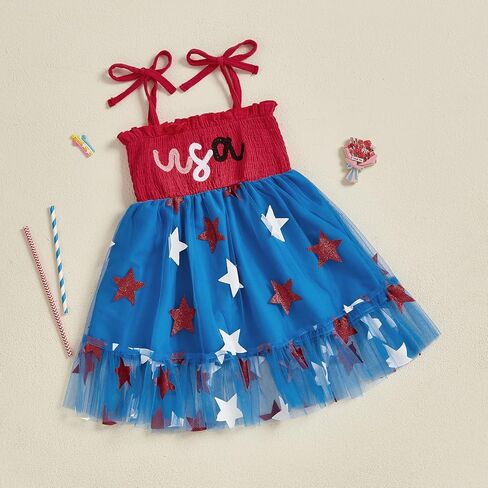 Kayotuas 4th of July Toddler Girl Outfit Smocked USA Dress Sleeveless Tie Strap Fouth of July Dresses Kids Patriotic Clothes in Saudi Arabia