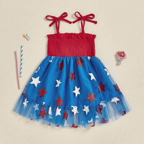 Kayotuas 4th of July Toddler Girl Outfit Smocked USA Dress Sleeveless Tie Strap Fouth of July Dresses Kids Patriotic Clothes in Saudi Arabia