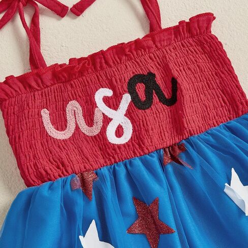 Kayotuas 4th of July Toddler Girl Outfit Smocked USA Dress Sleeveless Tie Strap Fouth of July Dresses Kids Patriotic Clothes in Saudi Arabia