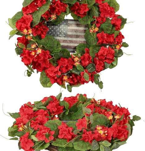 Patriotic Wreath for Front Door, 20-Inch 4th of July Wreath with Red Geraniums & American Flag, Memorial Day Independence Day USA Door Decoration, Outdoor Farmhouse Rustic Home Décor in Saudi Arabia