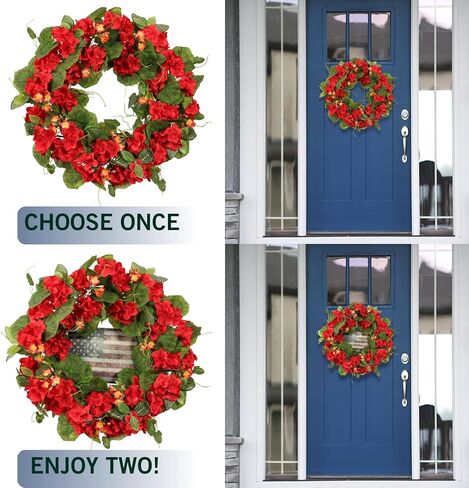 Patriotic Wreath for Front Door, 20-Inch 4th of July Wreath with Red Geraniums & American Flag, Memorial Day Independence Day USA Door Decoration, Outdoor Farmhouse Rustic Home Décor in Saudi Arabia