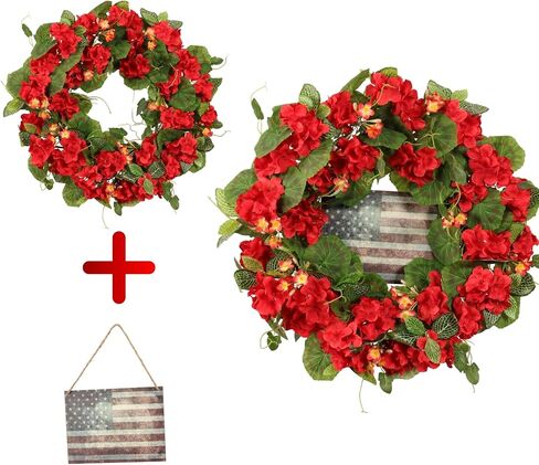 Patriotic Wreath for Front Door, 20-Inch 4th of July Wreath with Red Geraniums & American Flag, Memorial Day Independence Day USA Door Decoration, Outdoor Farmhouse Rustic Home Décor in Saudi Arabia