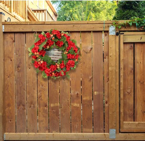 Patriotic Wreath for Front Door, 20-Inch 4th of July Wreath with Red Geraniums & American Flag, Memorial Day Independence Day USA Door Decoration, Outdoor Farmhouse Rustic Home Décor in Saudi Arabia