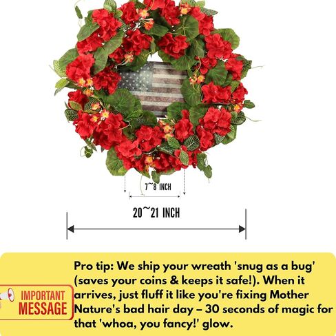 Patriotic Wreath for Front Door, 20-Inch 4th of July Wreath with Red Geraniums & American Flag, Memorial Day Independence Day USA Door Decoration, Outdoor Farmhouse Rustic Home Décor in Saudi Arabia