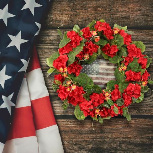 Patriotic Wreath for Front Door, 20-Inch 4th of July Wreath with Red Geraniums & American Flag, Memorial Day Independence Day USA Door Decoration, Outdoor Farmhouse Rustic Home Décor in Saudi Arabia